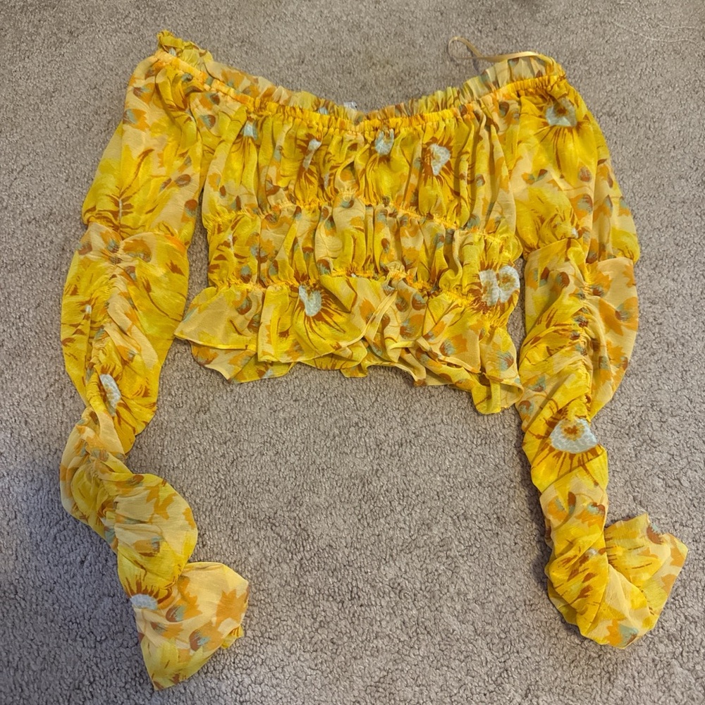Urban Outfitters Yellow Floral Off-Shoulder Ruffle Crop Top